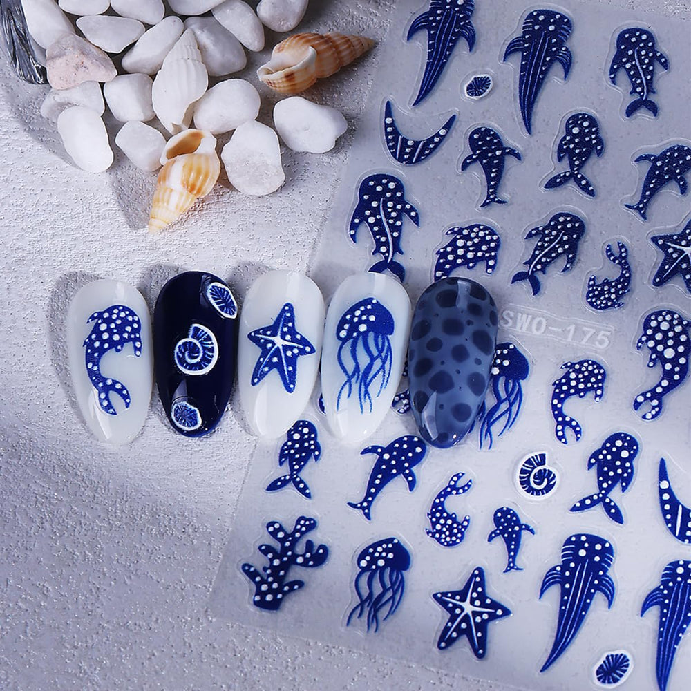 ZIFANHU stickers applied on painted nails showing instant ocean-themed style