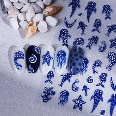 ZIFANHU stickers applied on painted nails showing instant ocean-themed style