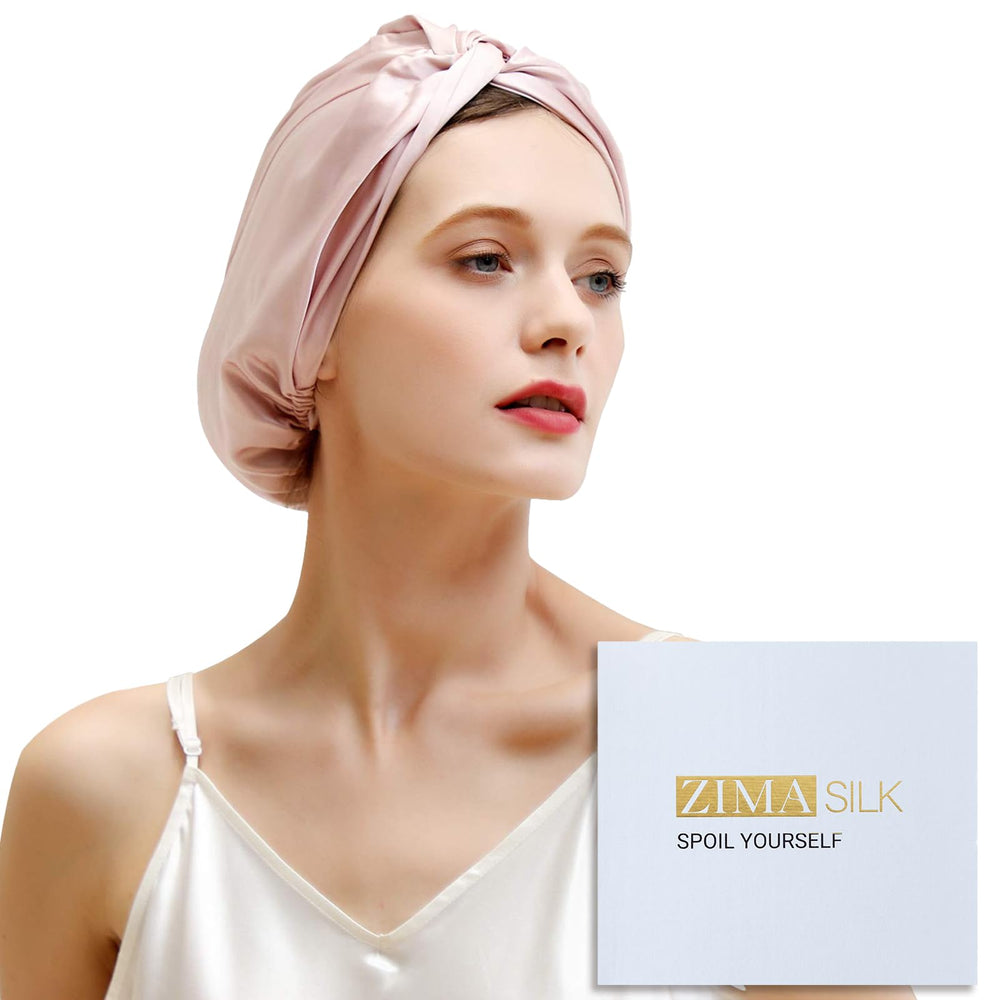 ZIMASILK front view pink bonnet showing smooth silk finish and secure fit