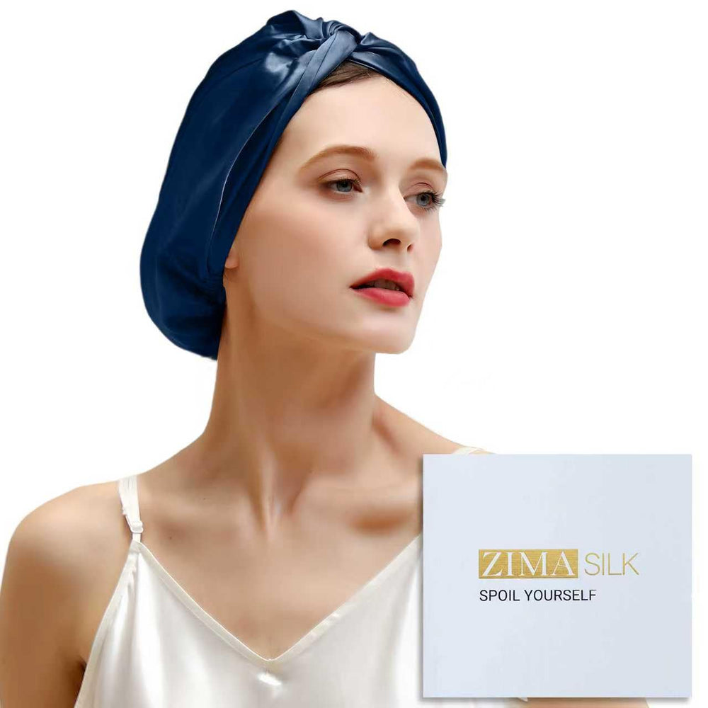ZIMASILK navy bonnet flat-lay showing color and premium sheen benefit