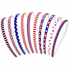 ZIRICHER front view of ten patriotic headbands showing color variety and designs for easy selection