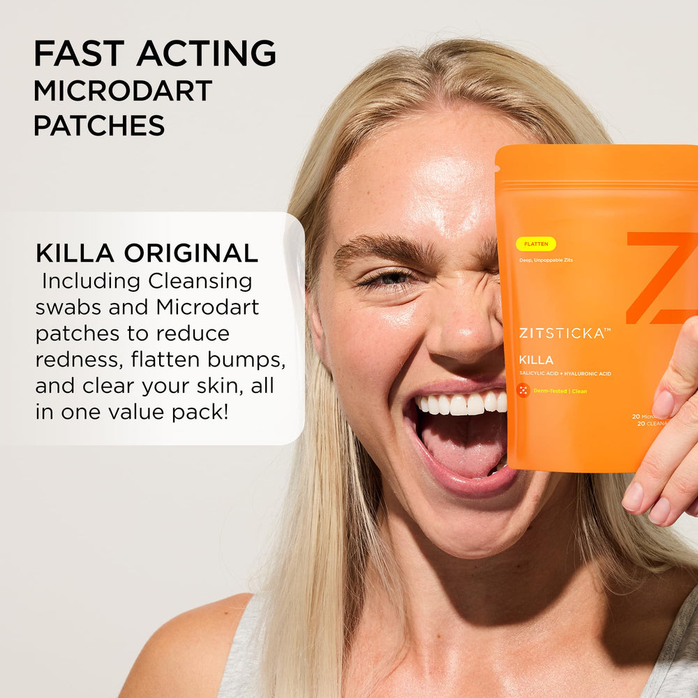 ZitSticka CLEANA swab beside patch showing prep and cleaner application