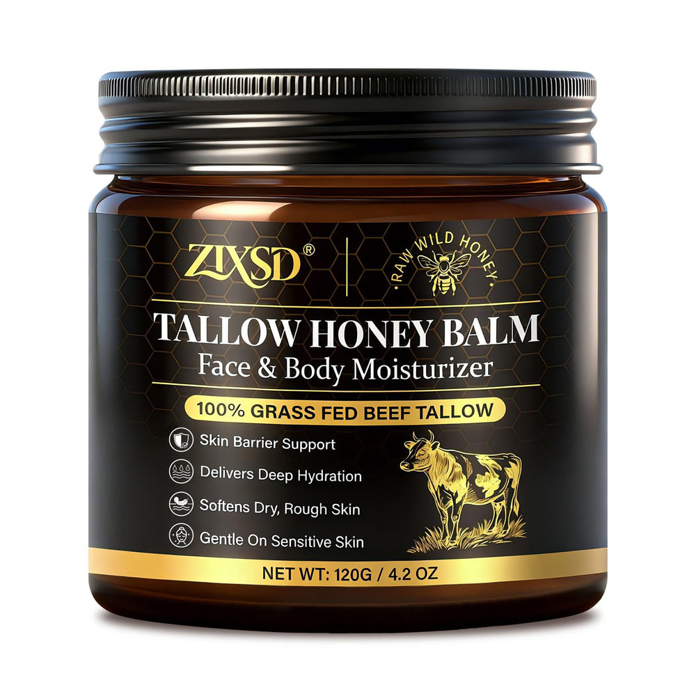 ZIXSD front jar showing whipped tallow honey balm, rich hydration benefit