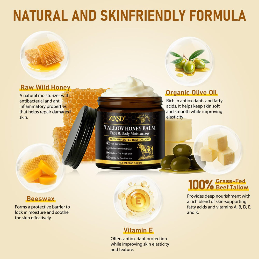 ZIXSD trio of grass-fed tallow raw honey beeswax ingredients, natural nourishment benefit