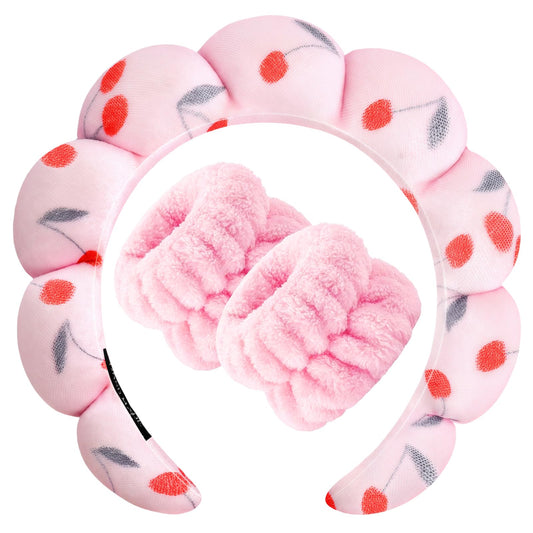 Zkptops front view of cherries headband and wristband set, shows compact gift-ready packaging