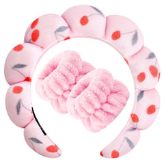 Zkptops front view of cherries headband and wristband set, shows compact gift-ready packaging