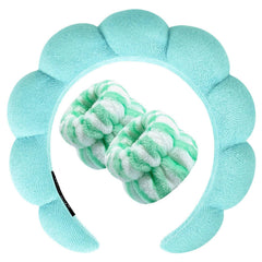 Zkptops front view showing turquoise headband and wristband set and neat packaging benefit