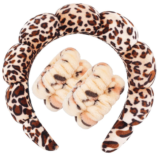 Zkptops front view of leopard spa headband set showing pattern and packaging benefit