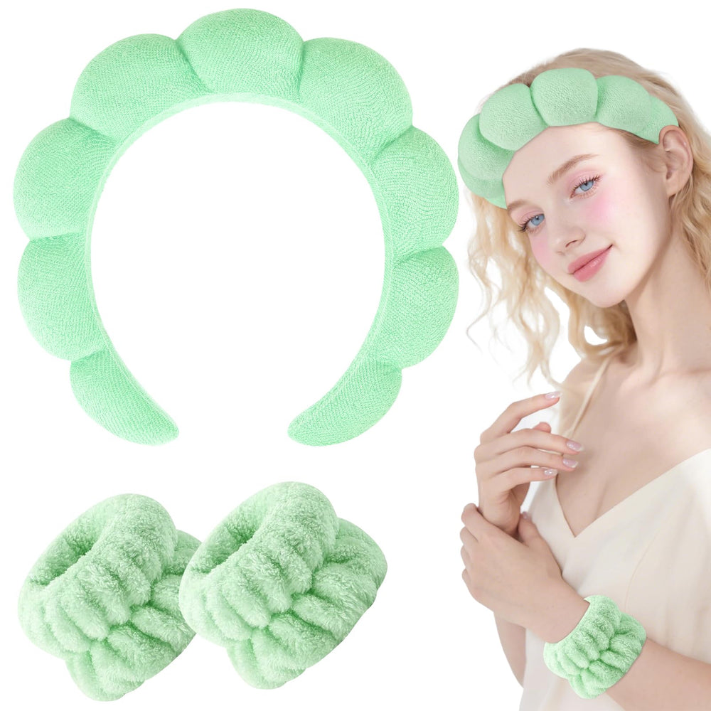 Zkptops headband in skincare routine at sink demonstrating splash protection benefit