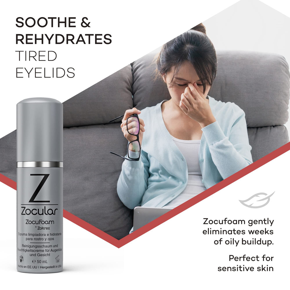 Zocular bottle beside common bathroom items showing 50 mL scale and travel-friendly benefit