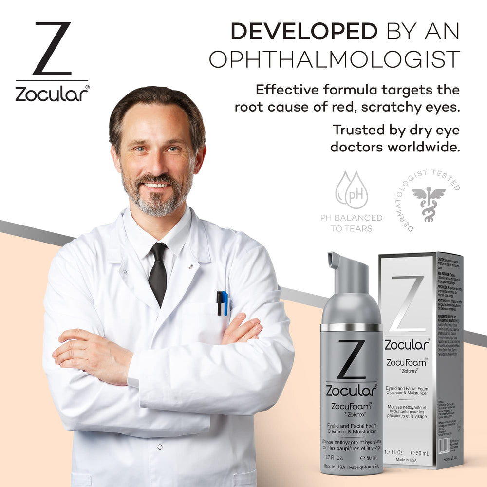 Zocular in a bedtime routine scene illustrating soothing eyelid care and refreshed comfort benefit