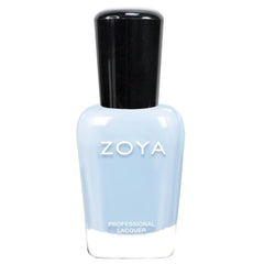 ZOYA Blu front bottle showing label and glossy pale baby blue polish