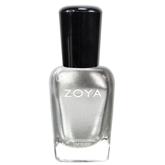 ZOYA Trixie front bottle showing bright silver metallic polish and premium label benefit