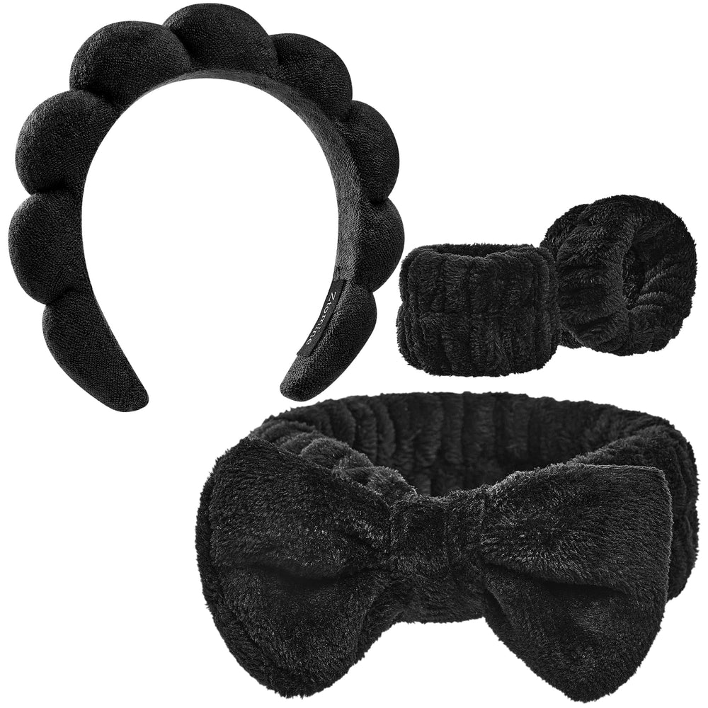 Ztomine front view of spa headband and wristband set showing neat styling and organization