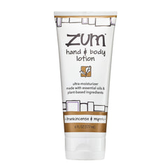 Zum bottle front showing frankincense and myrrh fragrance and product benefits