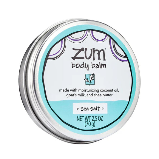 Zum front jar showing Sea Salt balm and clear labeling, portable benefit