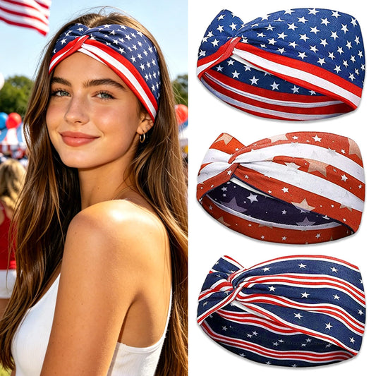 ZUYASEZ front packaging showing three patriotic headbands and easy carry benefit