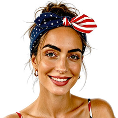 ZUYASEZ front view bow headband showing patriotic design and easy styling benefit