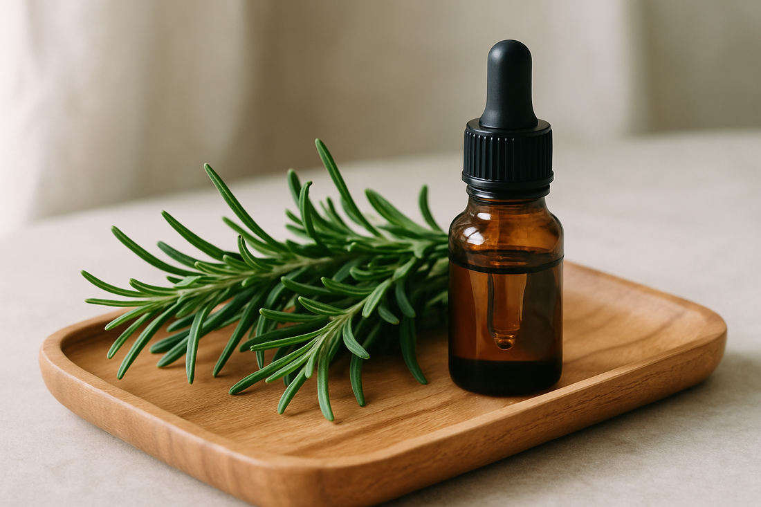 Rosemary sprigs beside a small amber dropper bottle of hair oil on a wooden tray
