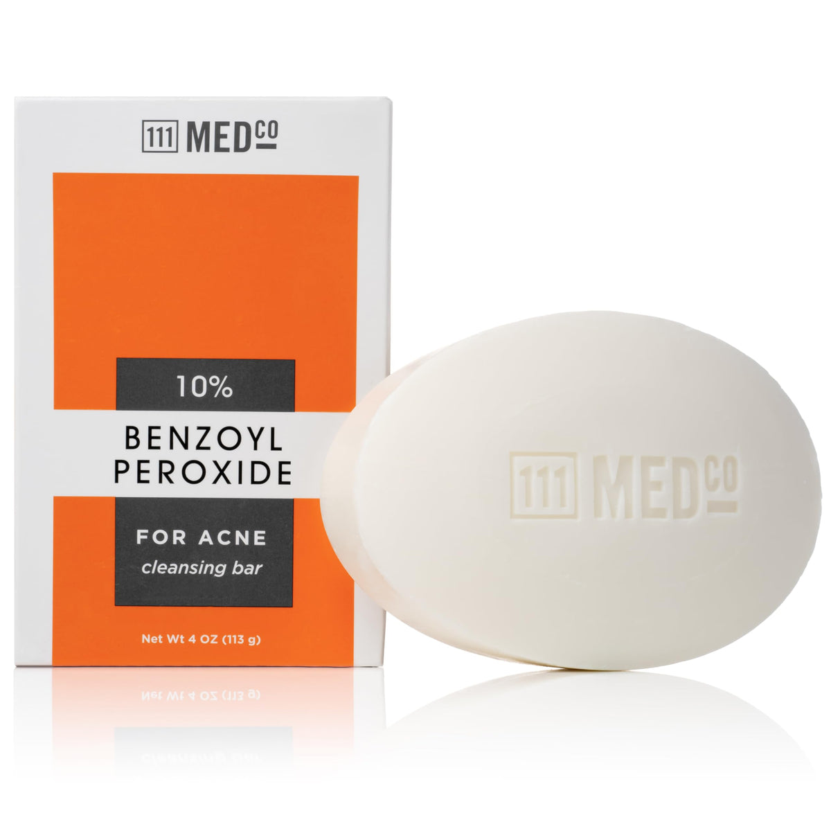111MedCo front packaging showing the 10% benzoyl peroxide bar and clear labeling benefit
