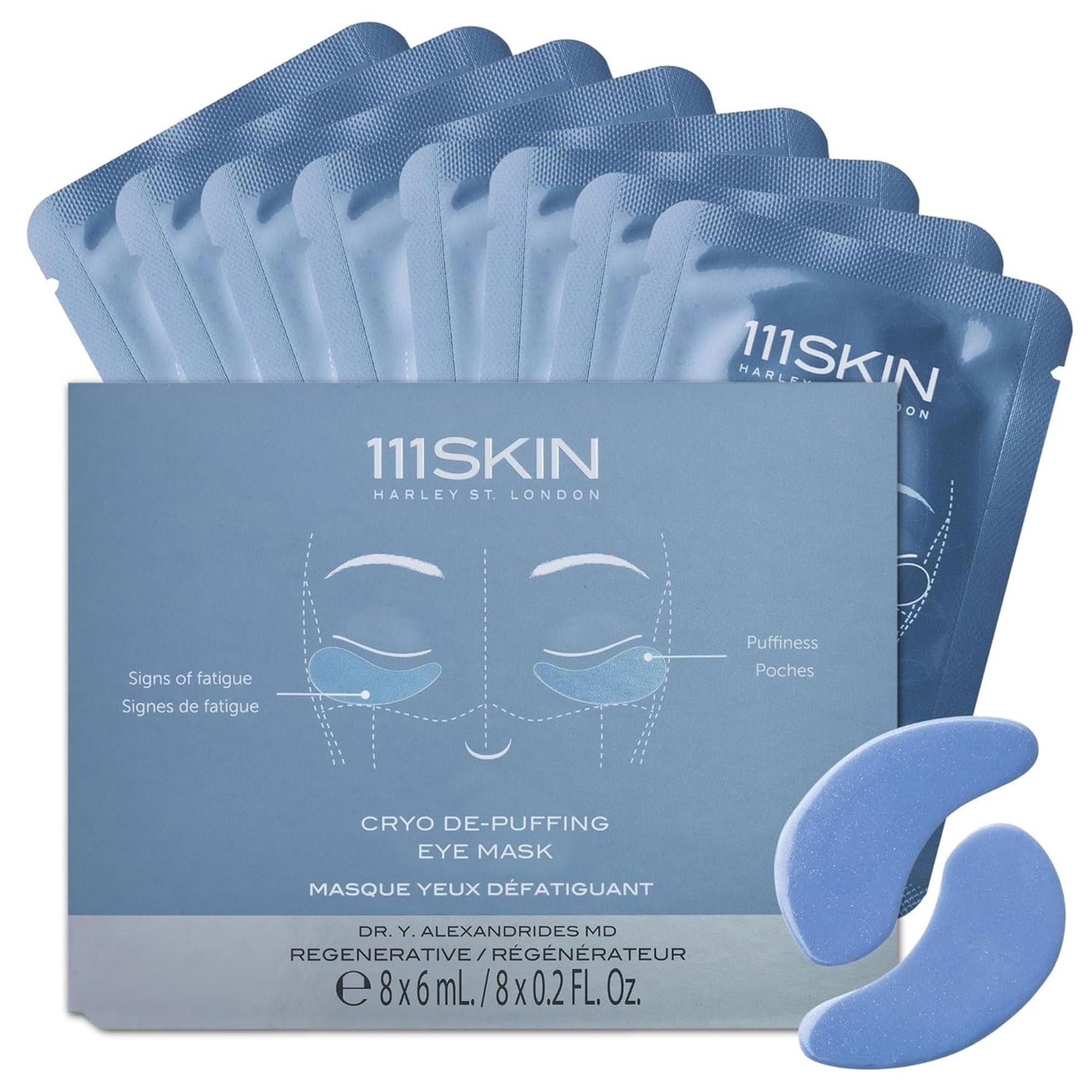 111SKIN front packaging showing blue cryo eye masks and branding for cooling relief