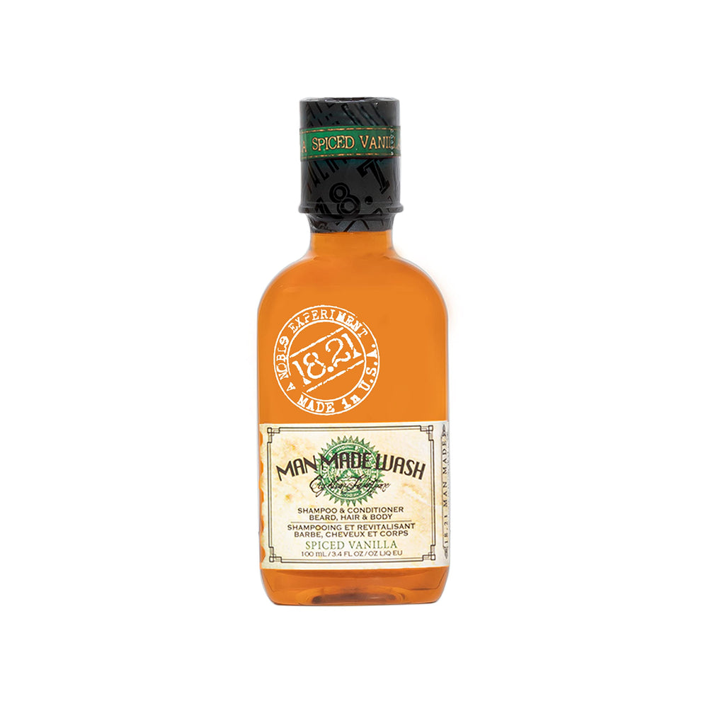 18.21 Man Made front bottle showing spiced vanilla scent and travel size benefit
