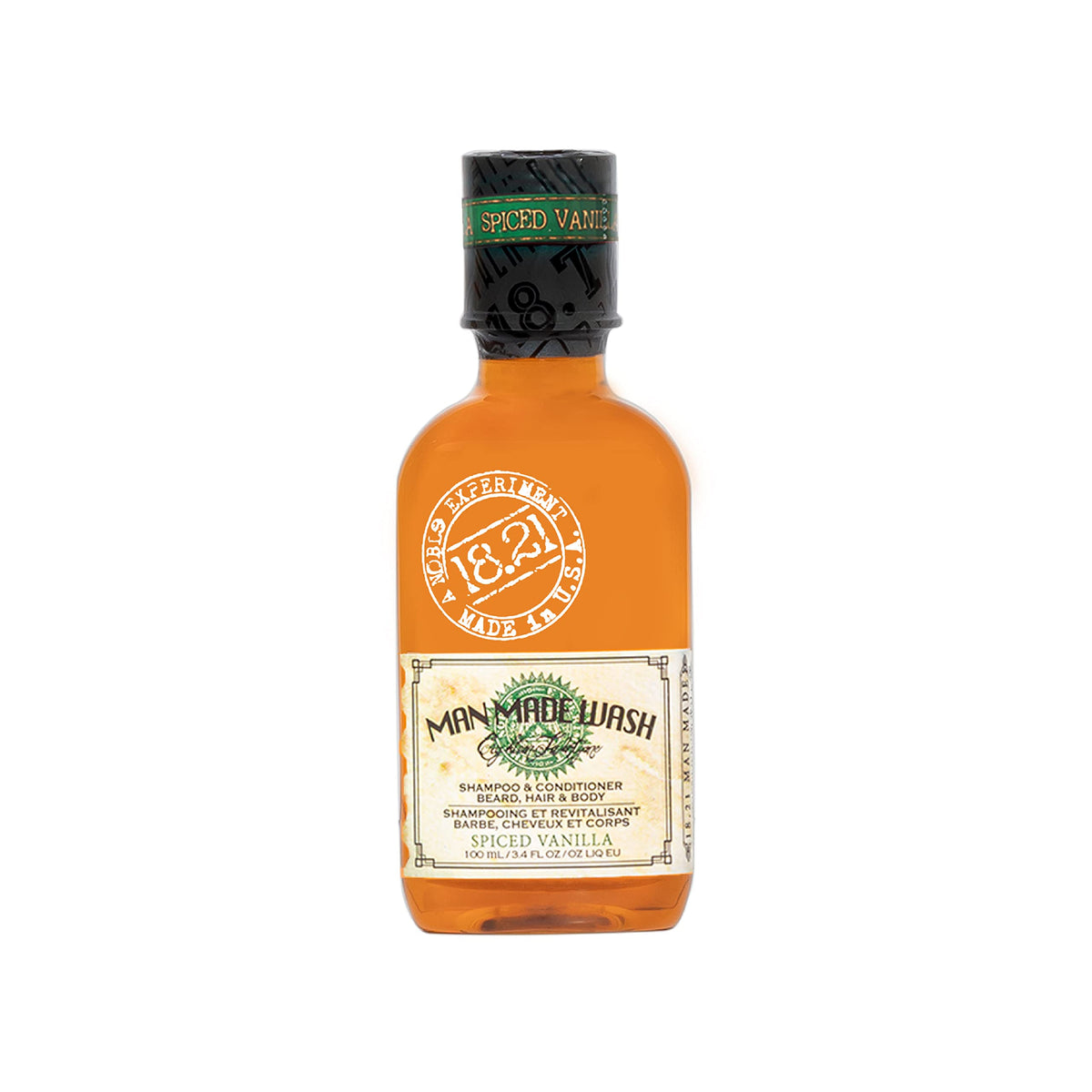 18.21 Man Made front bottle showing spiced vanilla scent and travel size benefit