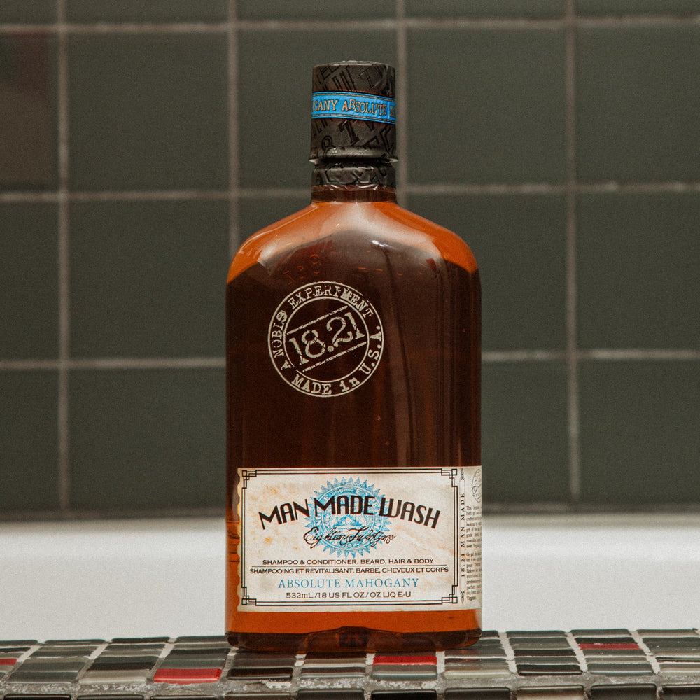 18.21 Man Made bottle in hand to show 18oz scale and travel-friendly convenience