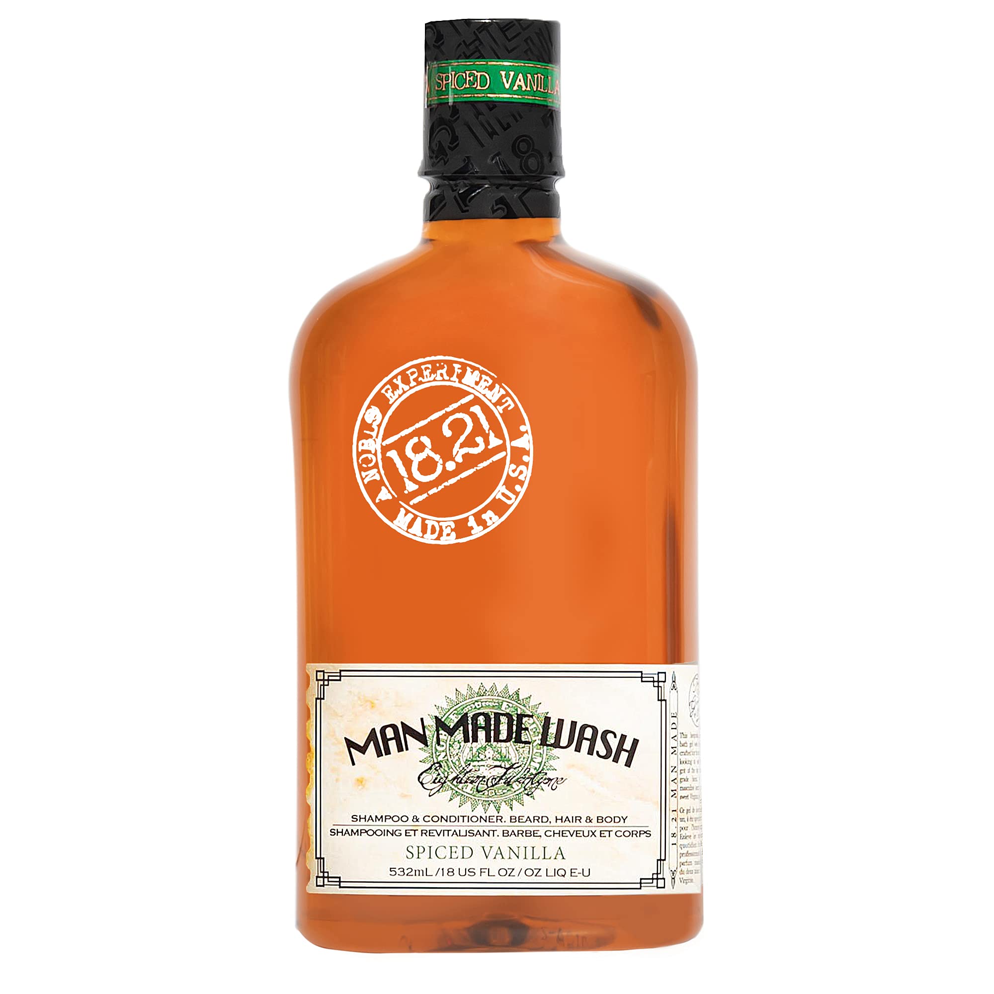 18.21 Man Made front bottle shows spiced vanilla scent and easy single-step use