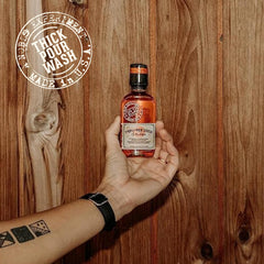 18.21 Man Made bottle on shower shelf conveying daily barbershop-style grooming