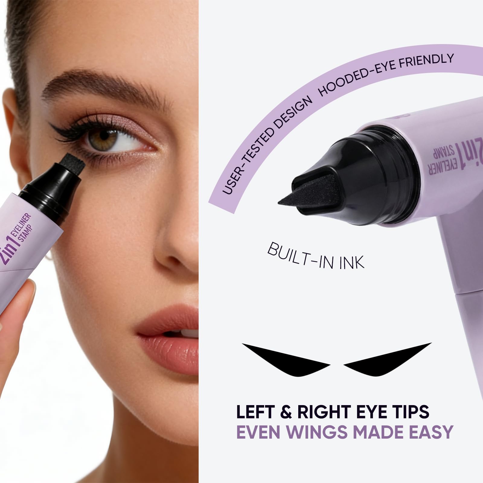 2CHILL stamp tip labeled Left and Right, ensuring symmetrical cat-eye wings with less effort