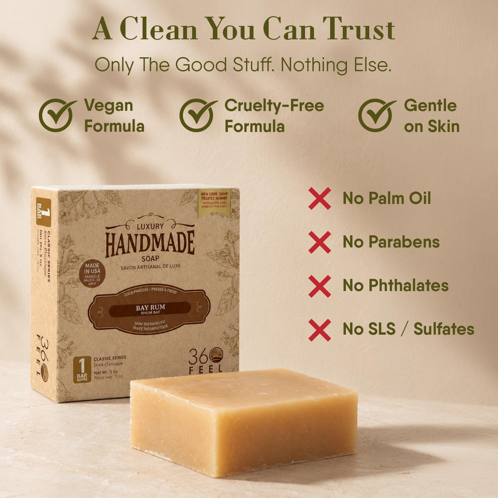 360Feel bay rum soap in hand for size comparison and easy handling