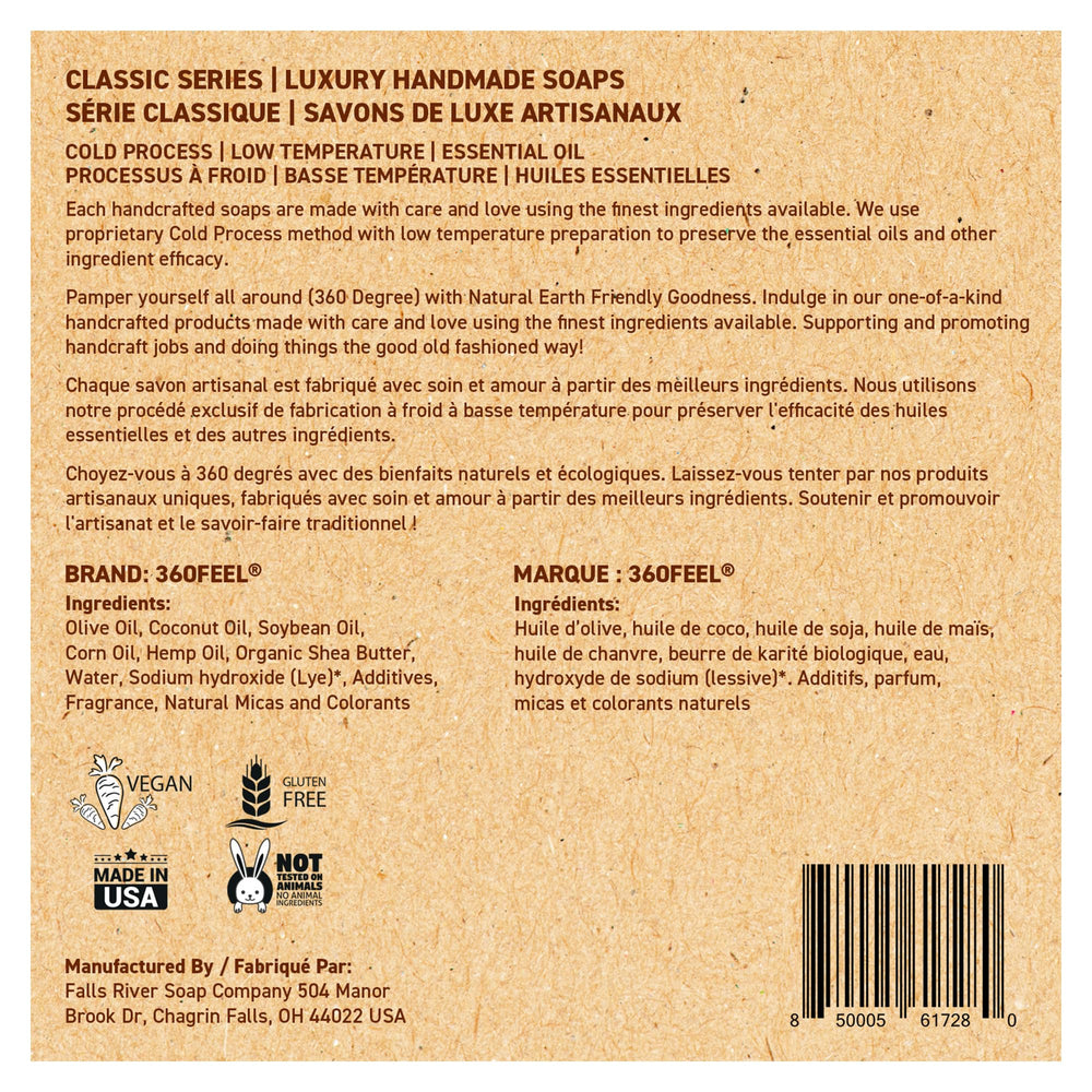 360Feel bay rum soap label closeup showing ingredient clarity and handcrafted quality