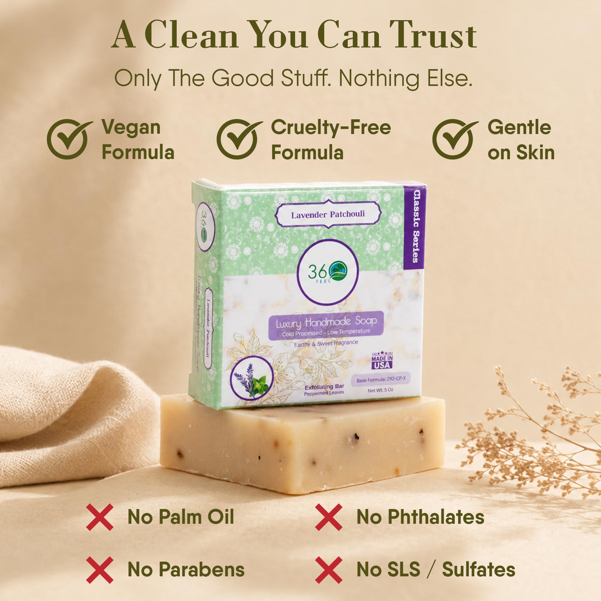360Feel soap producing rich foam to demonstrate moisturizing cleanse