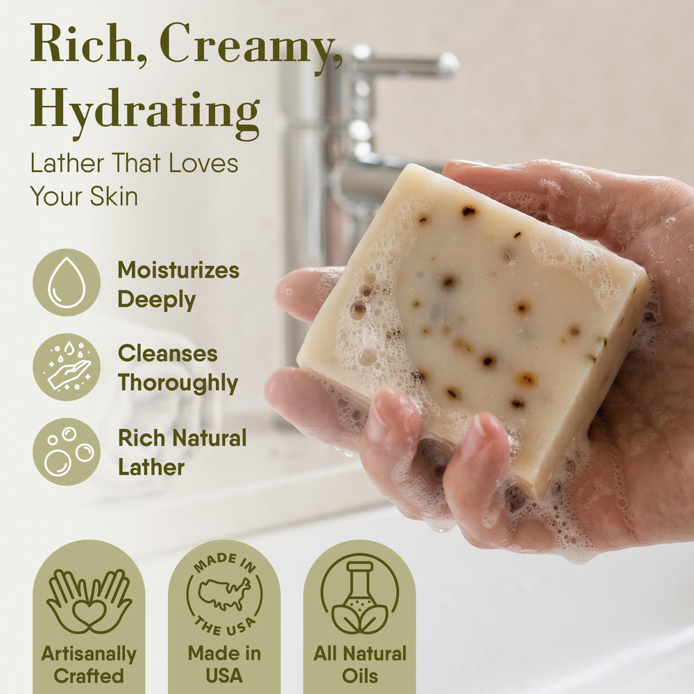 360Feel patchouli soap side texture close-up showing creamy, dense moisturizing lather
