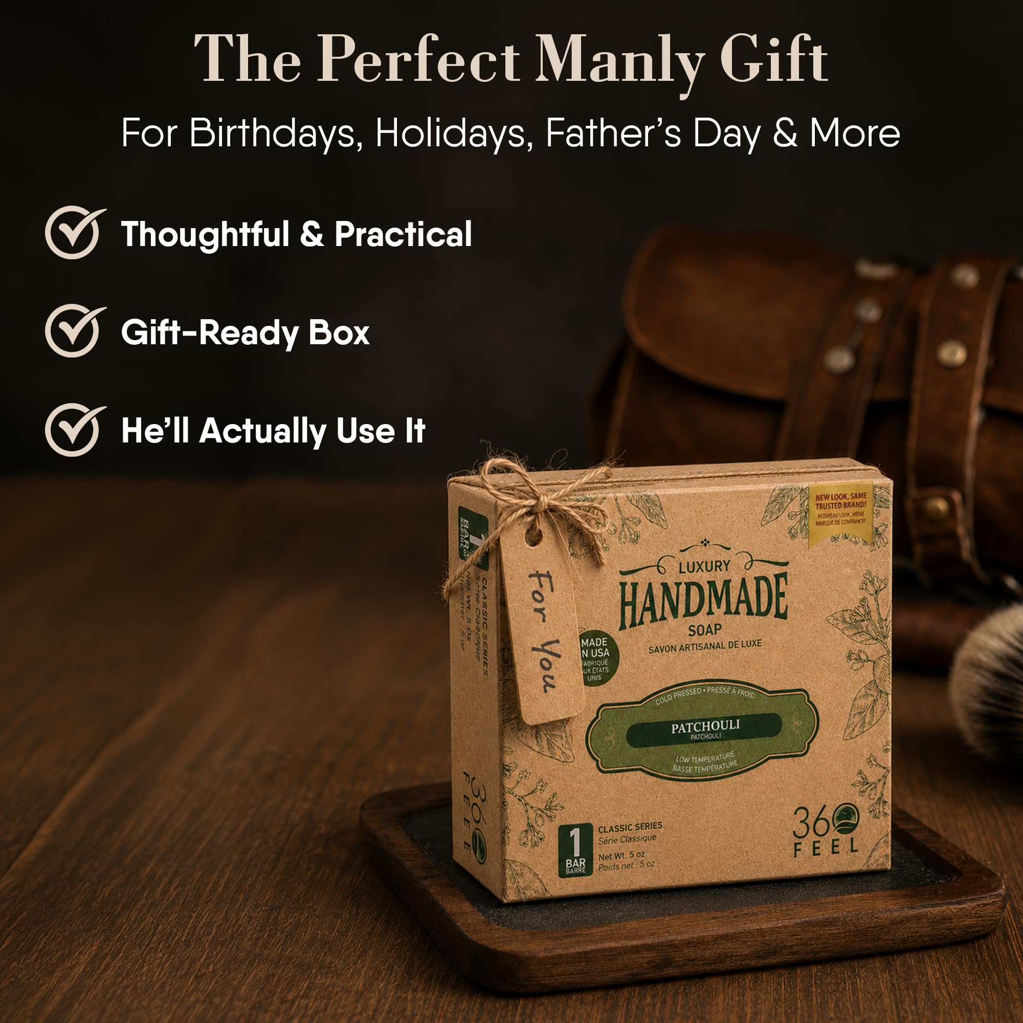 360Feel patchouli soap in bathroom lifestyle scene promoting relaxing daily ritual
