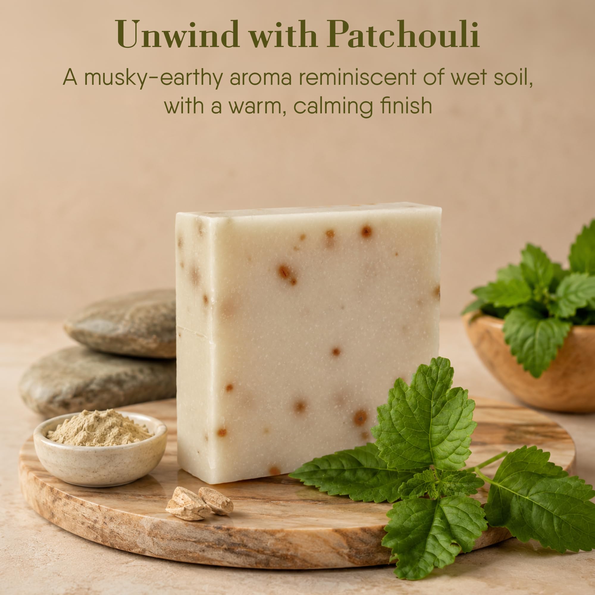 360Feel patchouli ingredients flatlay with oils and shea butter demonstrating natural formulation