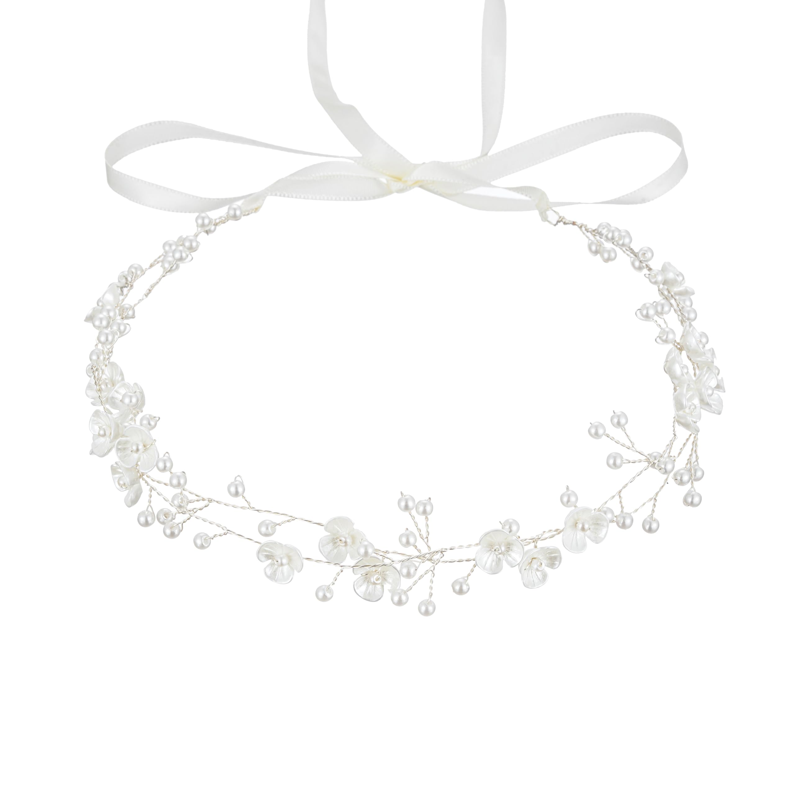 527&huan front view headband showcasing white flowers and pearls, elegant accessory