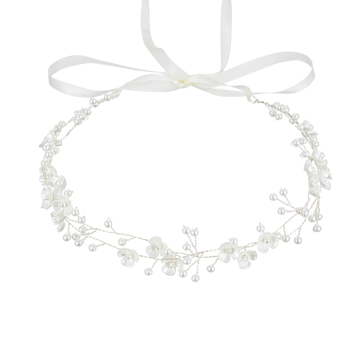 527&huan front view headband showcasing white flowers and pearls, elegant accessory