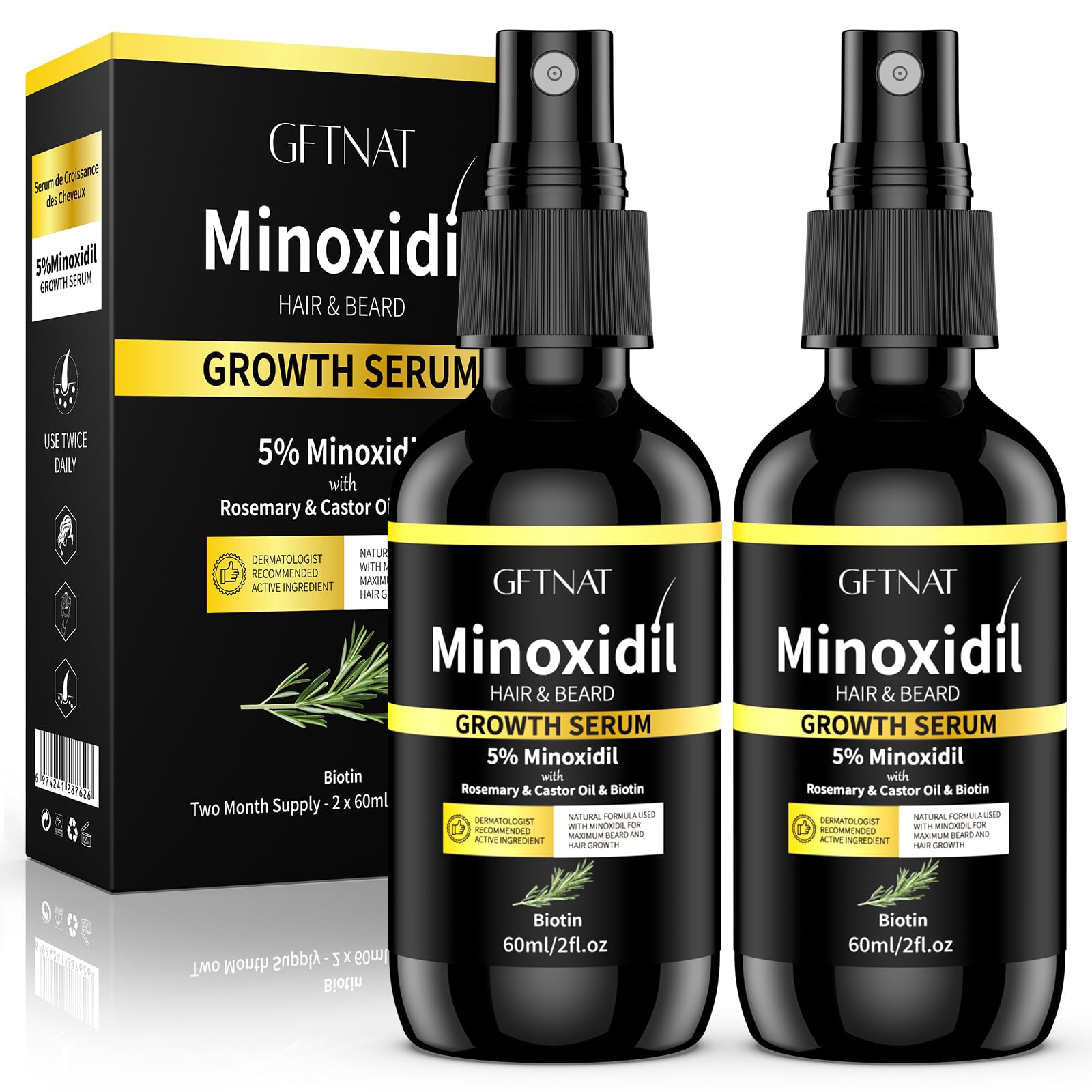 5% minoxidil spray front packaging showing bottle and label, clear benefit: easy application