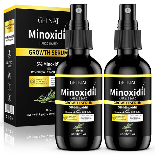 5% minoxidil spray front packaging showing bottle and label, clear benefit: easy application