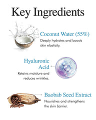 9 Wishes ingredient label close-up highlighting coconut water and hyaluronic acids
