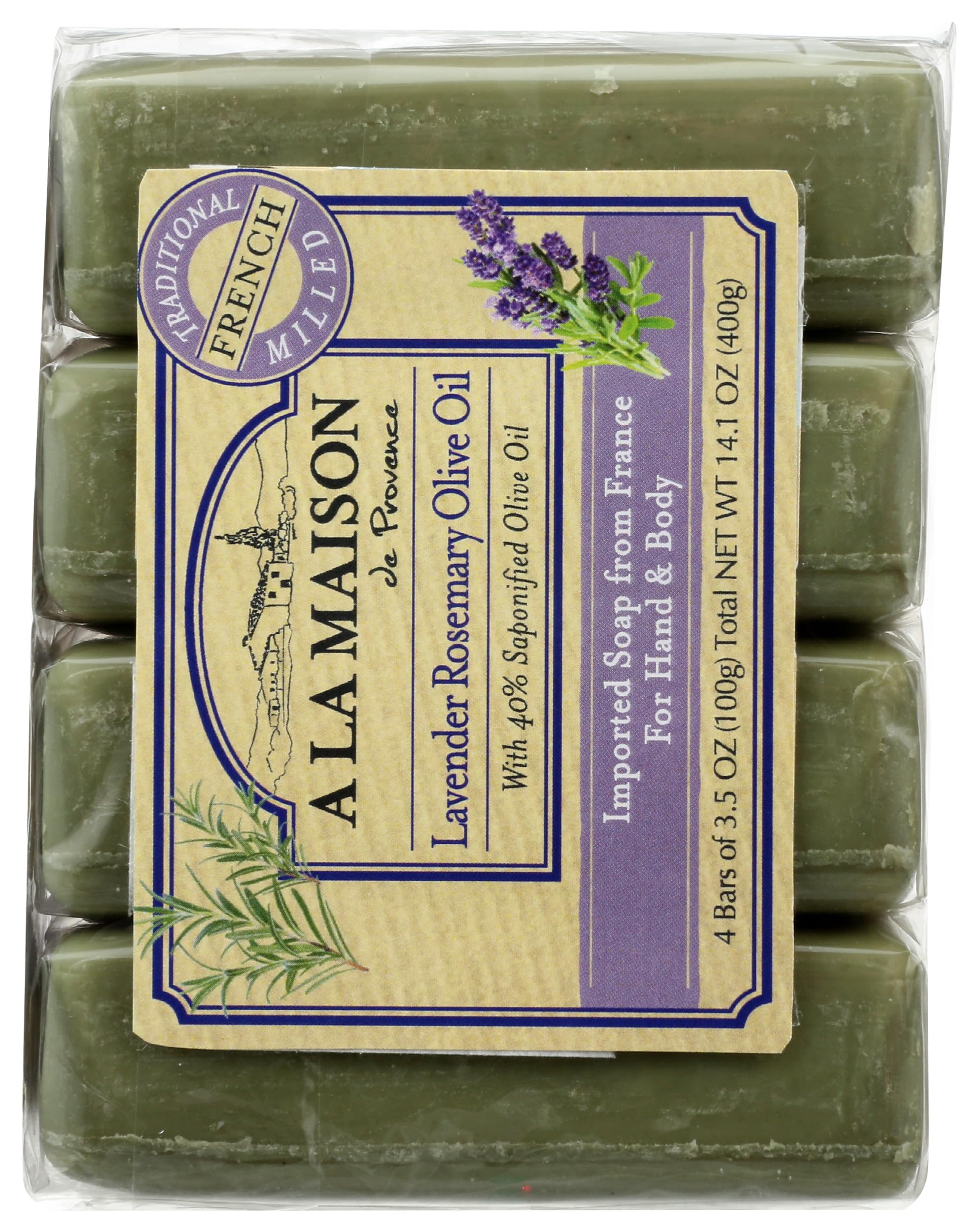 A LA MAISON three bars stacked on draining soap dish illustrating long-lasting usage