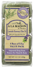 A LA MAISON front packaging showing four lavender rosemary bars and durable wrapping