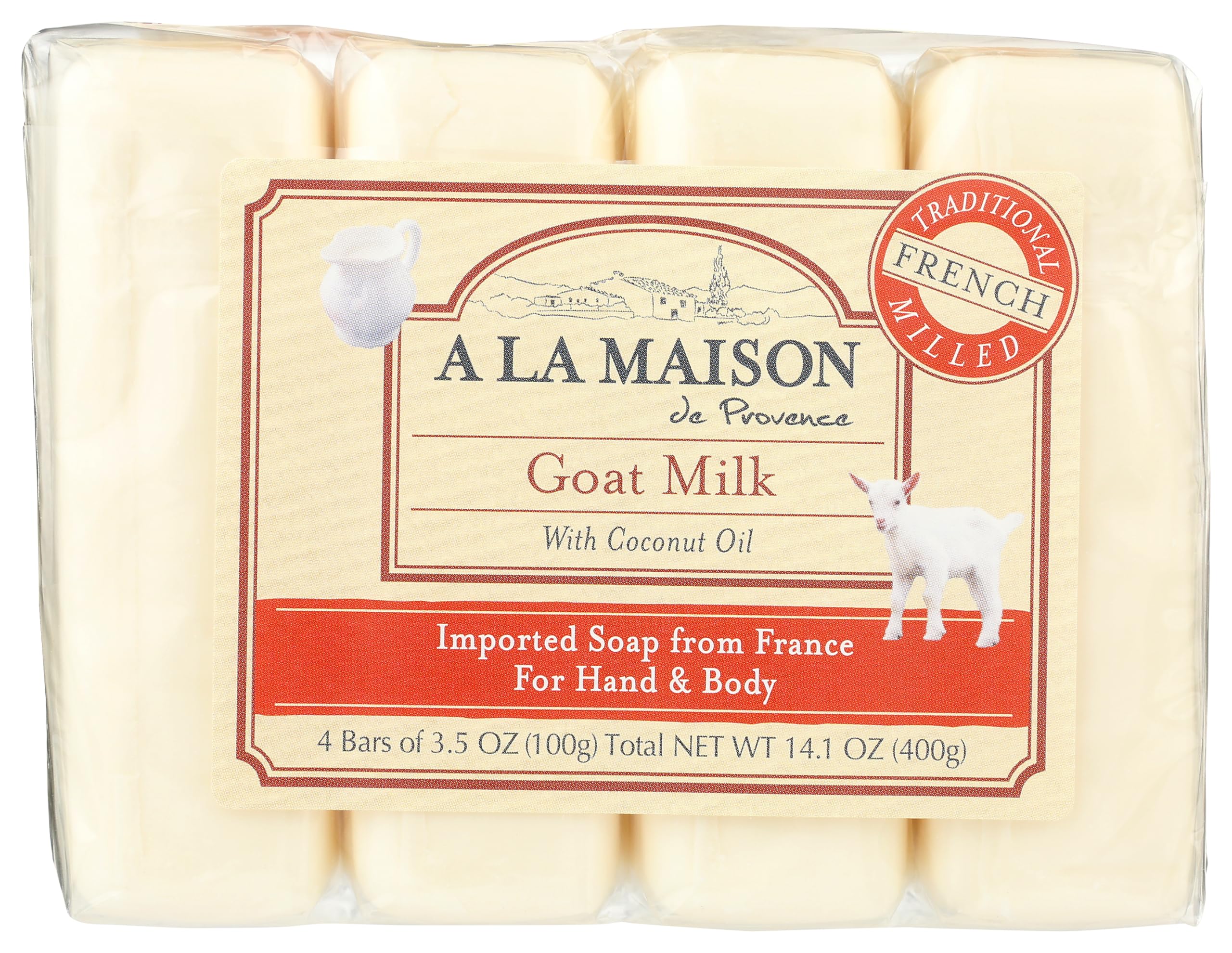 A LA MAISON goat milk bar soap front packaging showing unscented label and moisturizing benefit
