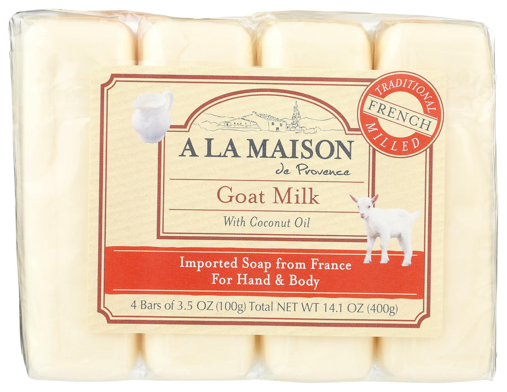 A LA MAISON goat milk bar soap front packaging showing unscented label and moisturizing benefit