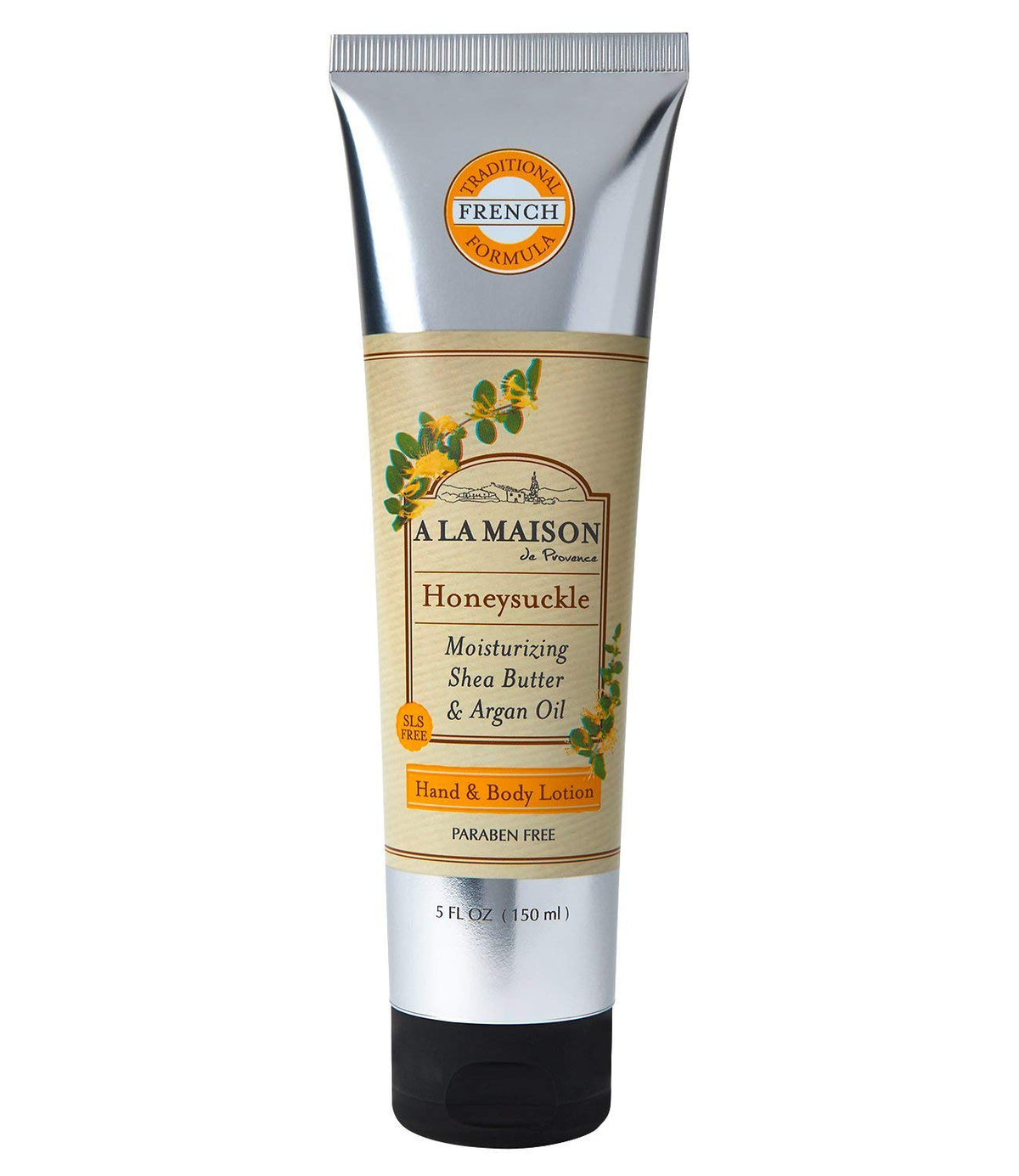 A LA MAISON honeysuckle lotion front bottle showing elegant label and hydration benefit