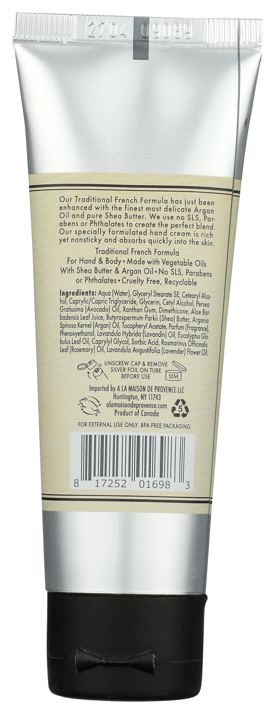 A LA MAISON back label with ingredient details and transparency benefit