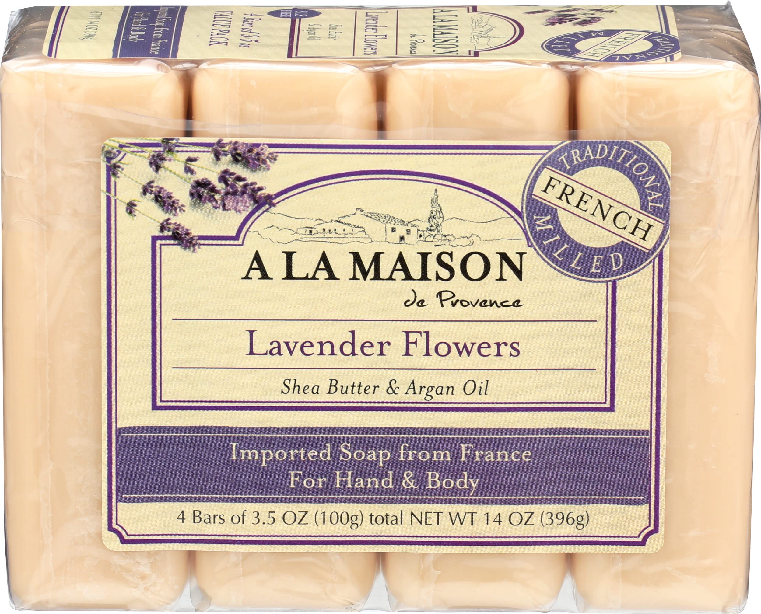 Close-up of A LA MAISON lavender bar texture highlighting dense triple-milled surface
