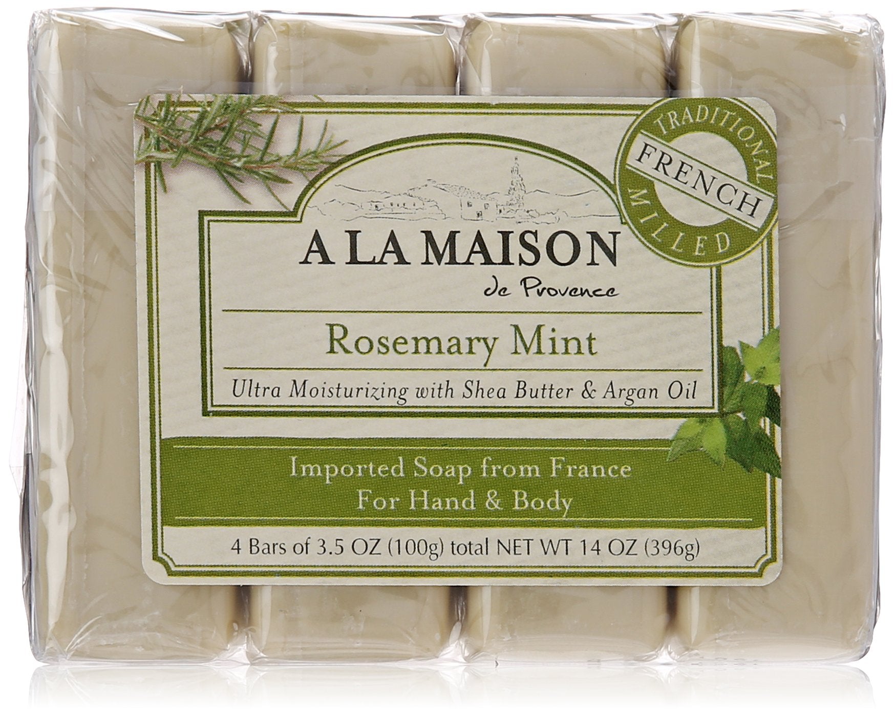 A LA MAISON front packaging showing four Rosemary Mint soap bars and ingredient highlights